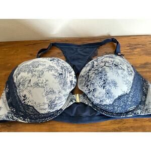 Cacique Womens Boost Plunge Bra 44D Racerback Blue Flora Front Close Padded